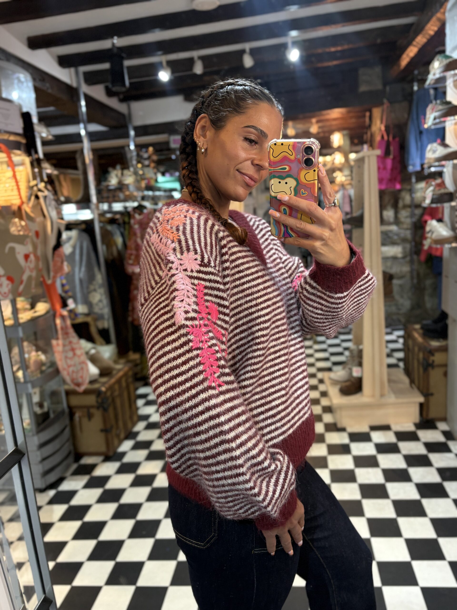 Burgundy Stripe Embroidered Leaf Detail Jumper