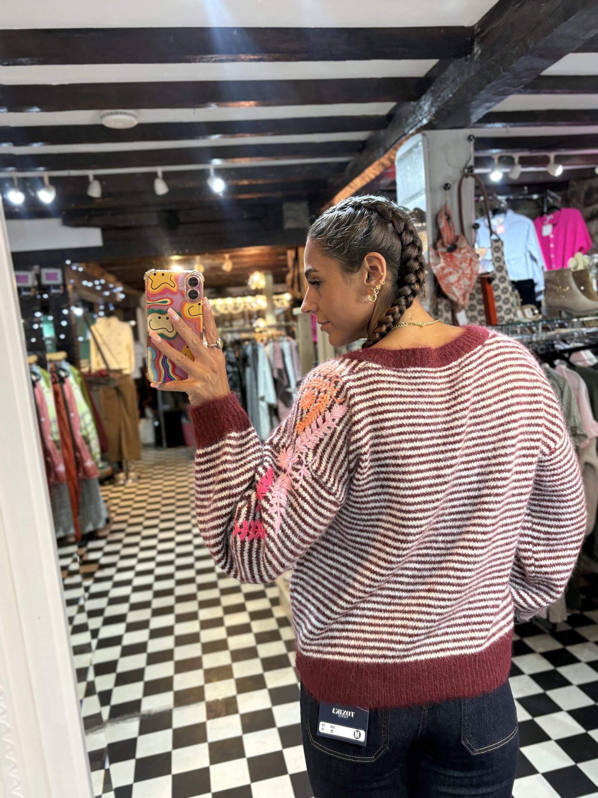 Burgundy Stripe Embroidered Leaf Detail Jumper