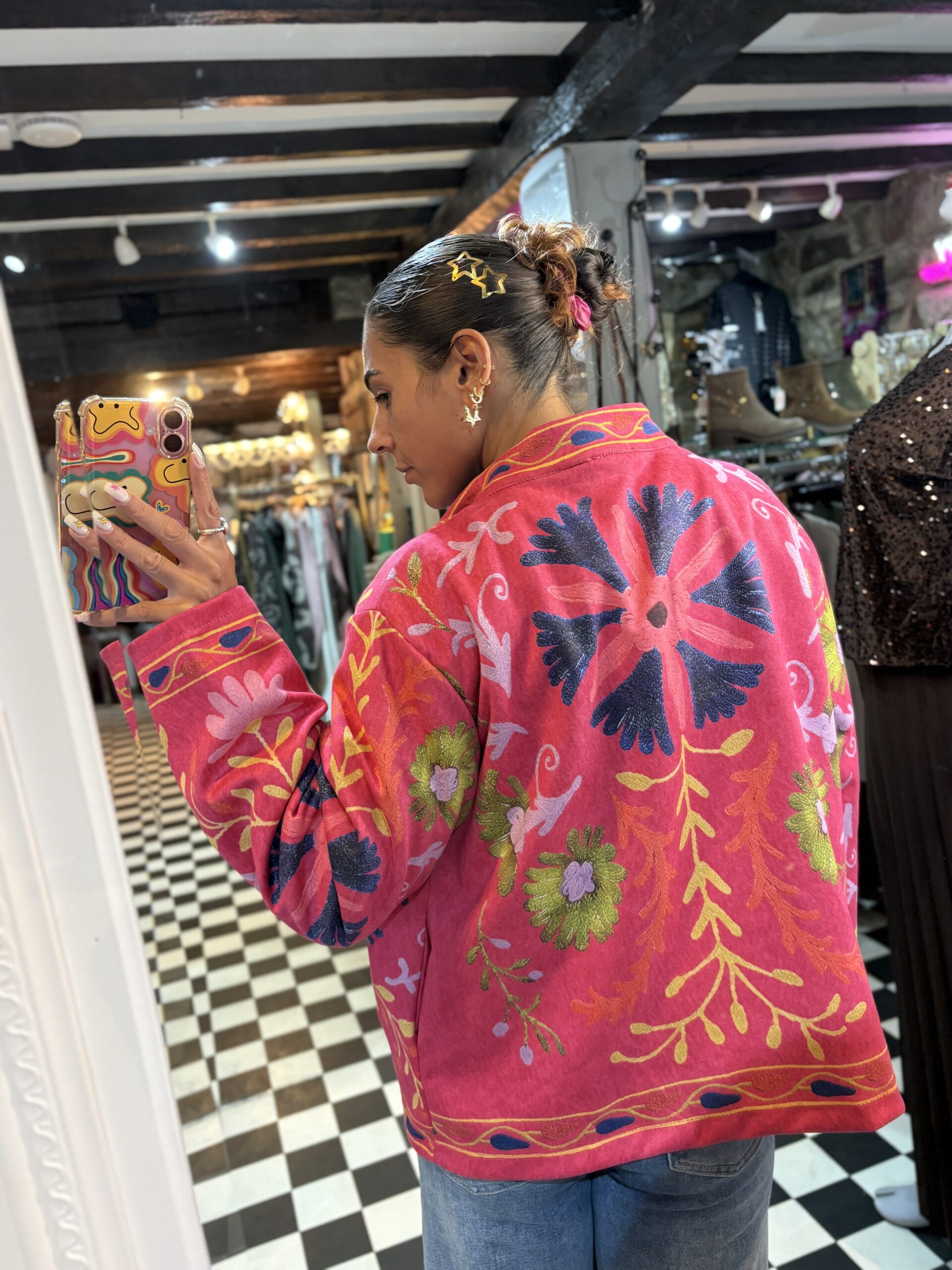 Suede Style Printed Jacket in Pink