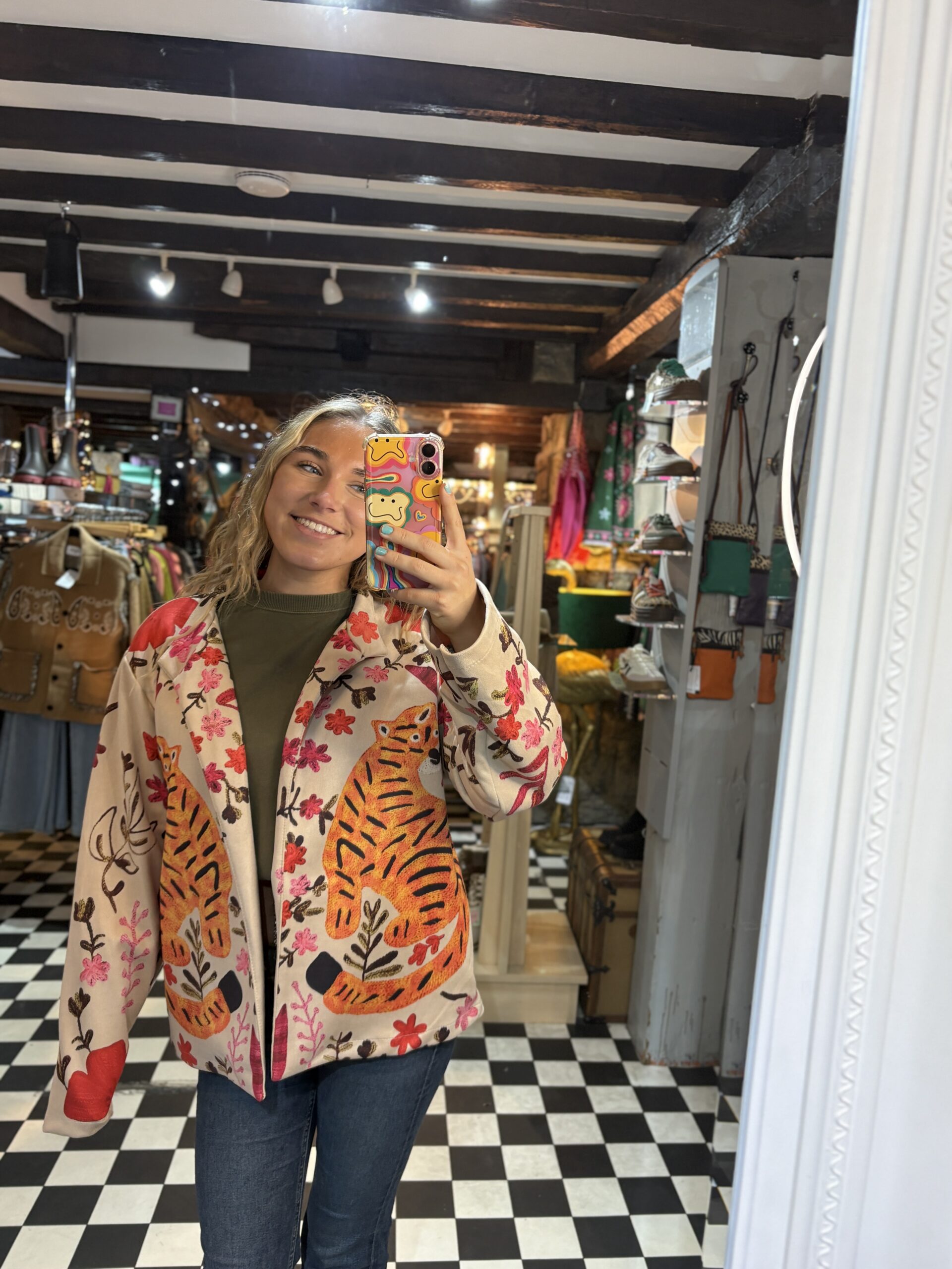 Suede Style Printed Jacket with Tigers