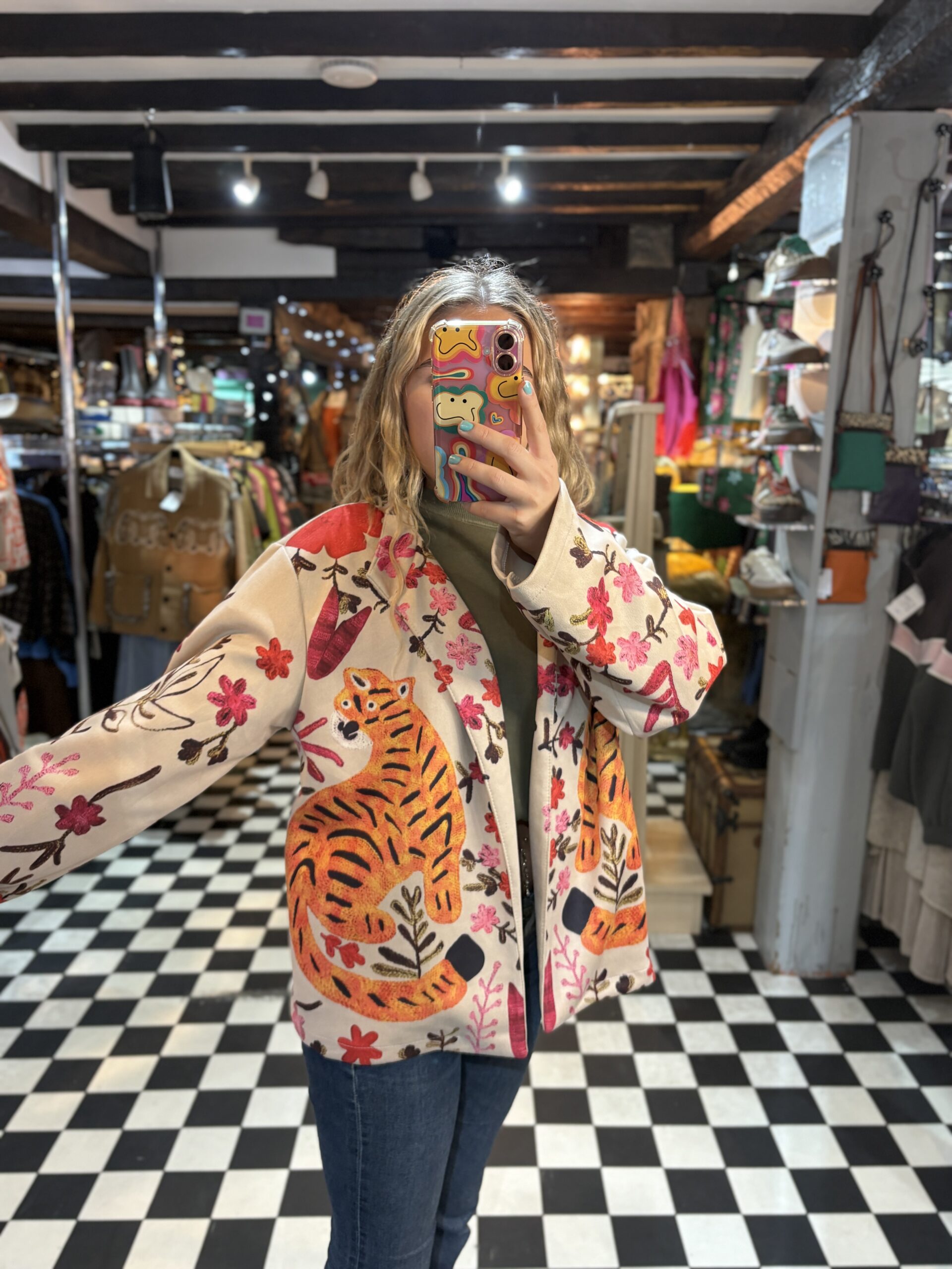Suede Style Printed Jacket with Tigers