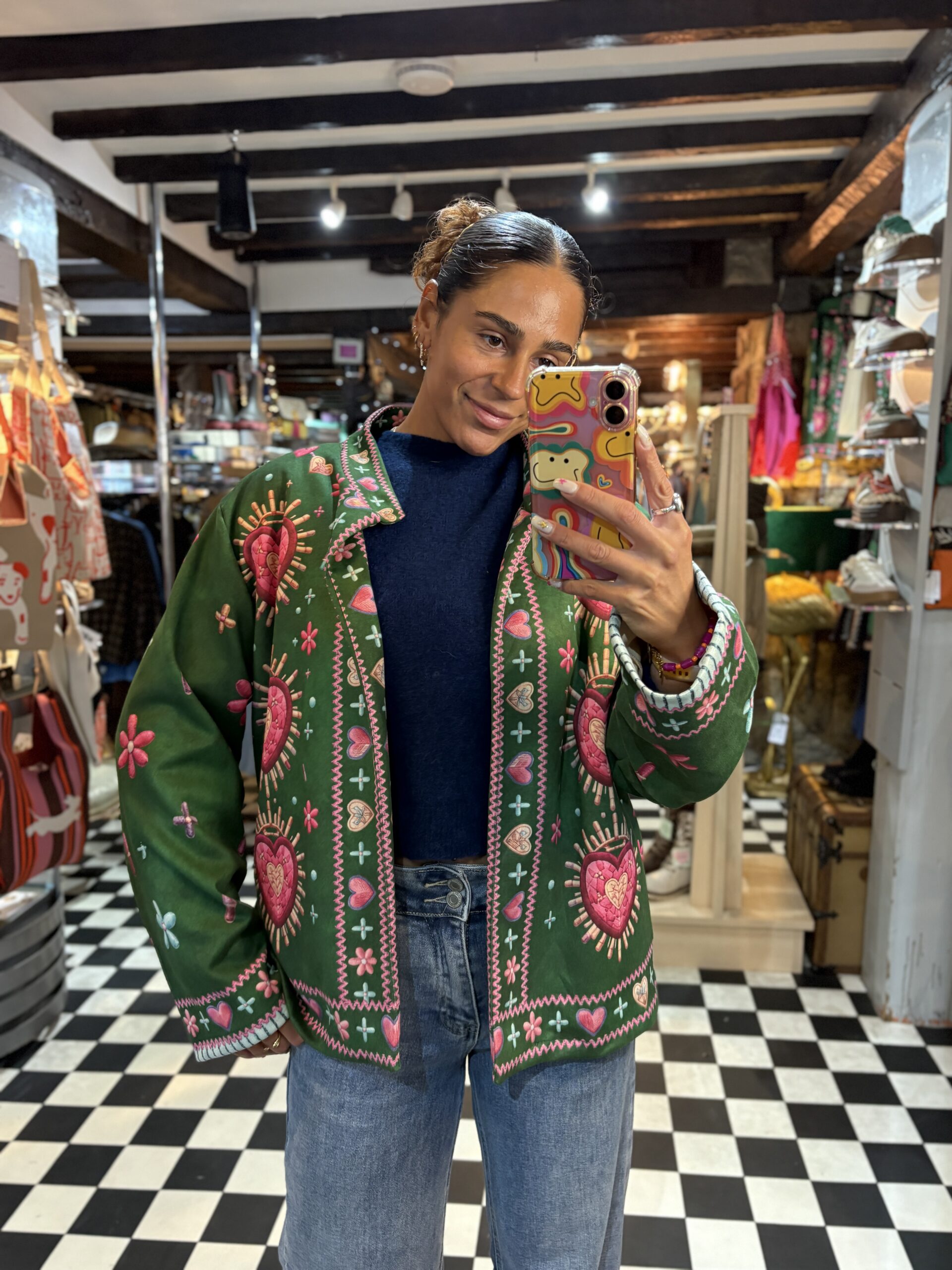 Suede Style Printed Jacket in Green