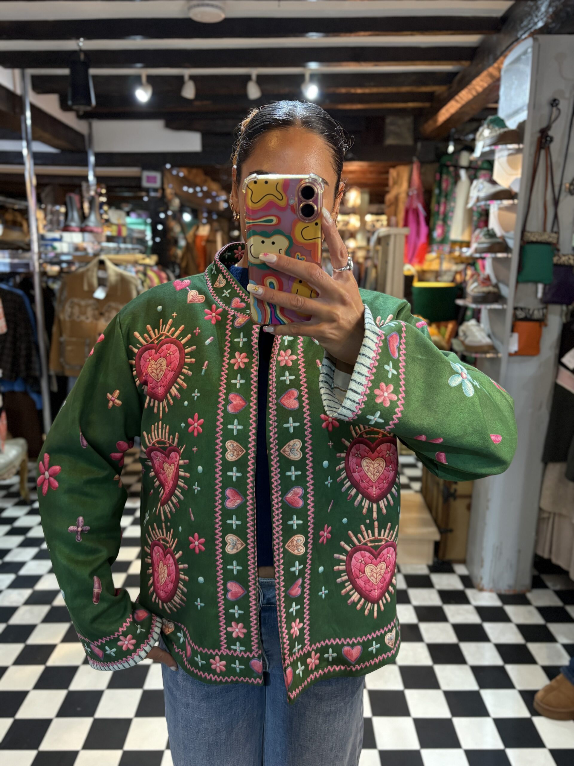 Suede Style Printed Jacket in Green