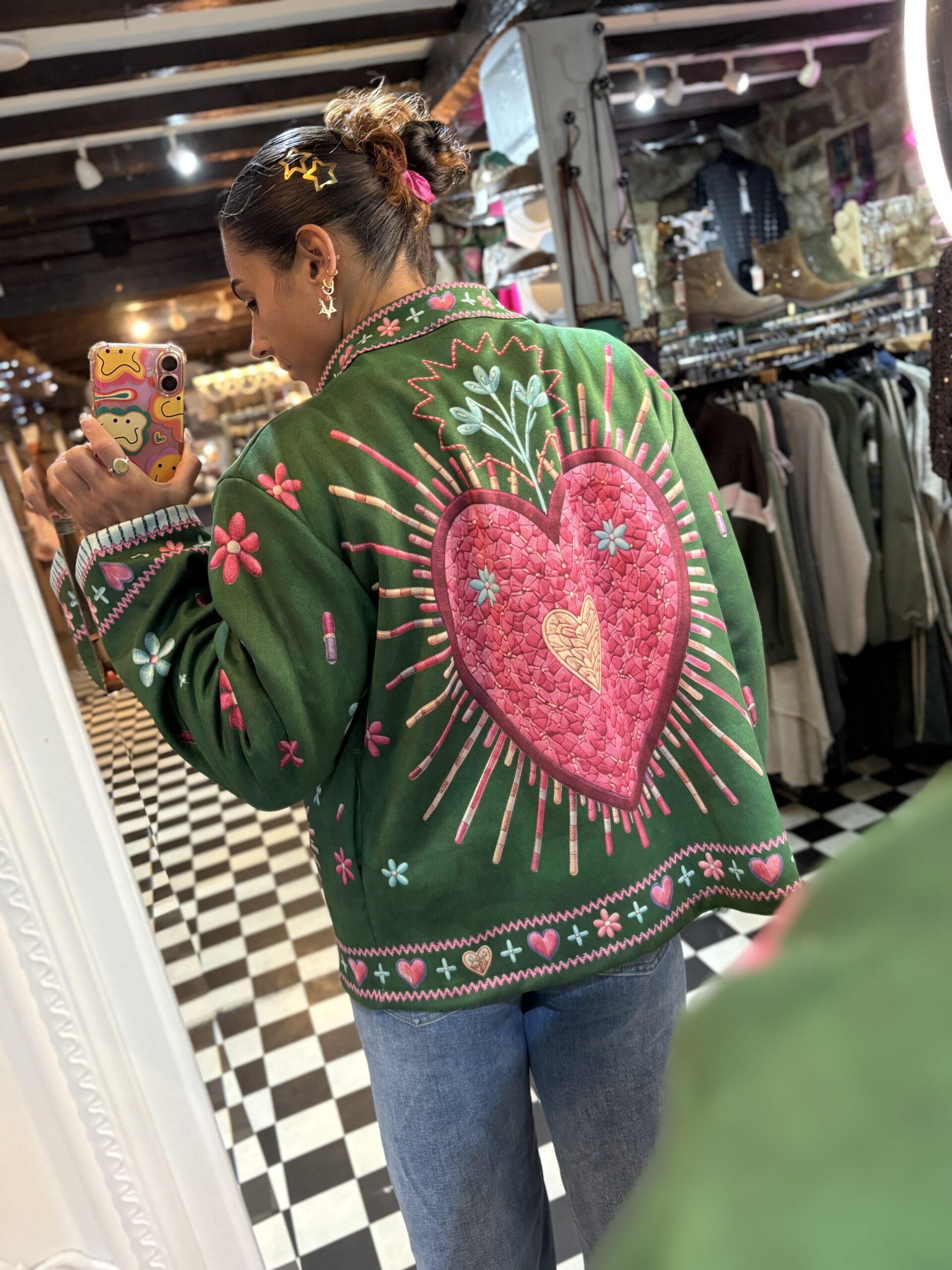 Suede Style Printed Jacket in Green