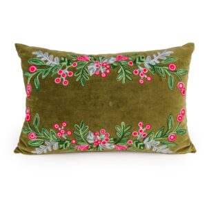 40 × 60 cm Cushion - Embroidered Holly & Berries in Green