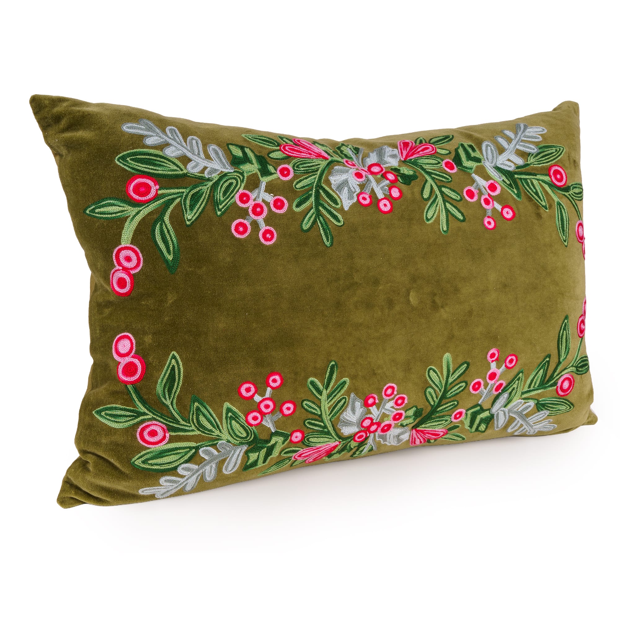 40 × 60 cm Cushion - Embroidered Holly & Berries in Green