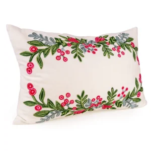 40 × 60 cm Cushion - Embroidered Holly & Berries in White